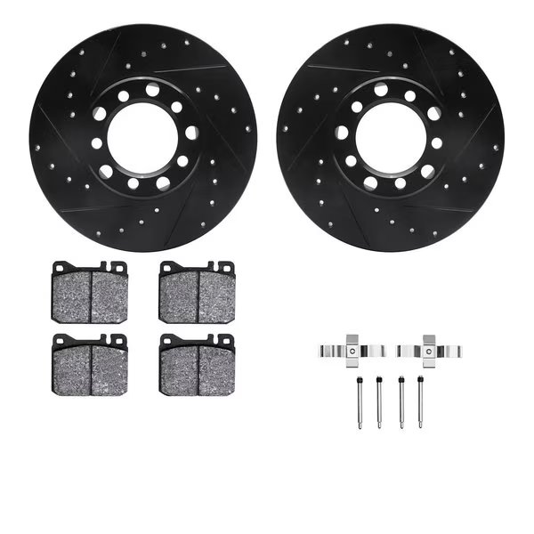 8612-63014, Rotors-Drilled, Slotted-Black w/ 5000 Euro Ceramic Brake Pads incl. Hardware, Zinc Coat, Dynamic Friction Co, Mfr#: 8612-63014